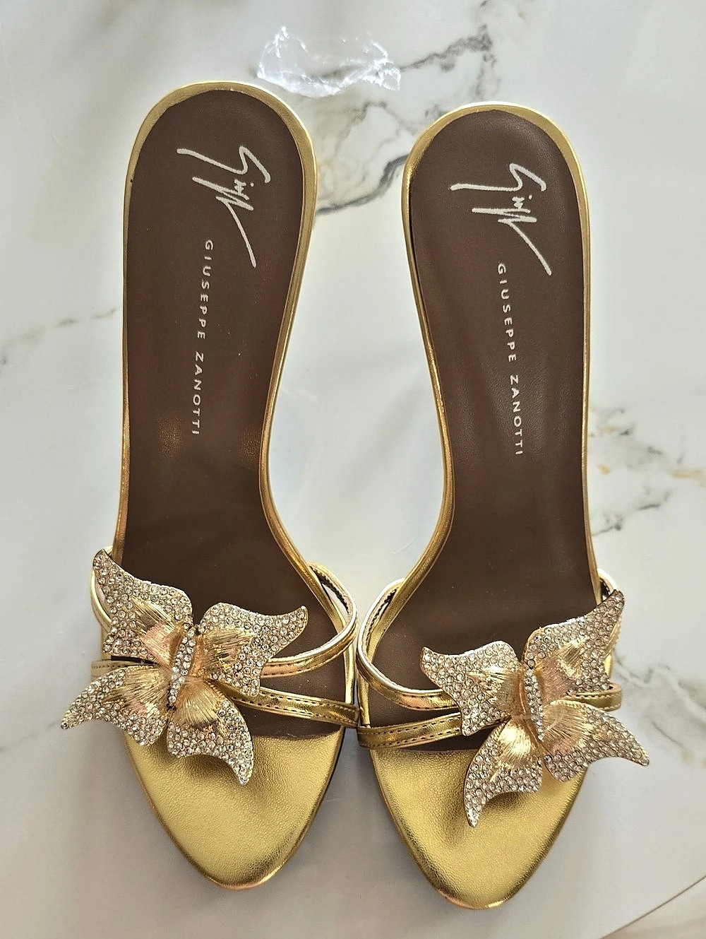 Giuseppe Zanotti Butterfly Crystal Embellished Gold Leather Mules Gold